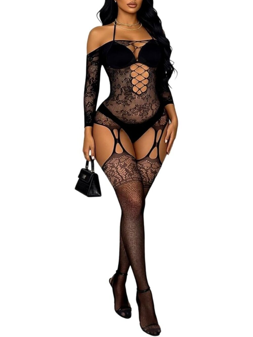 Women Black Jc Exotic Tights Soft Nightwear Lingerie Fishnet Body Stocking Suit